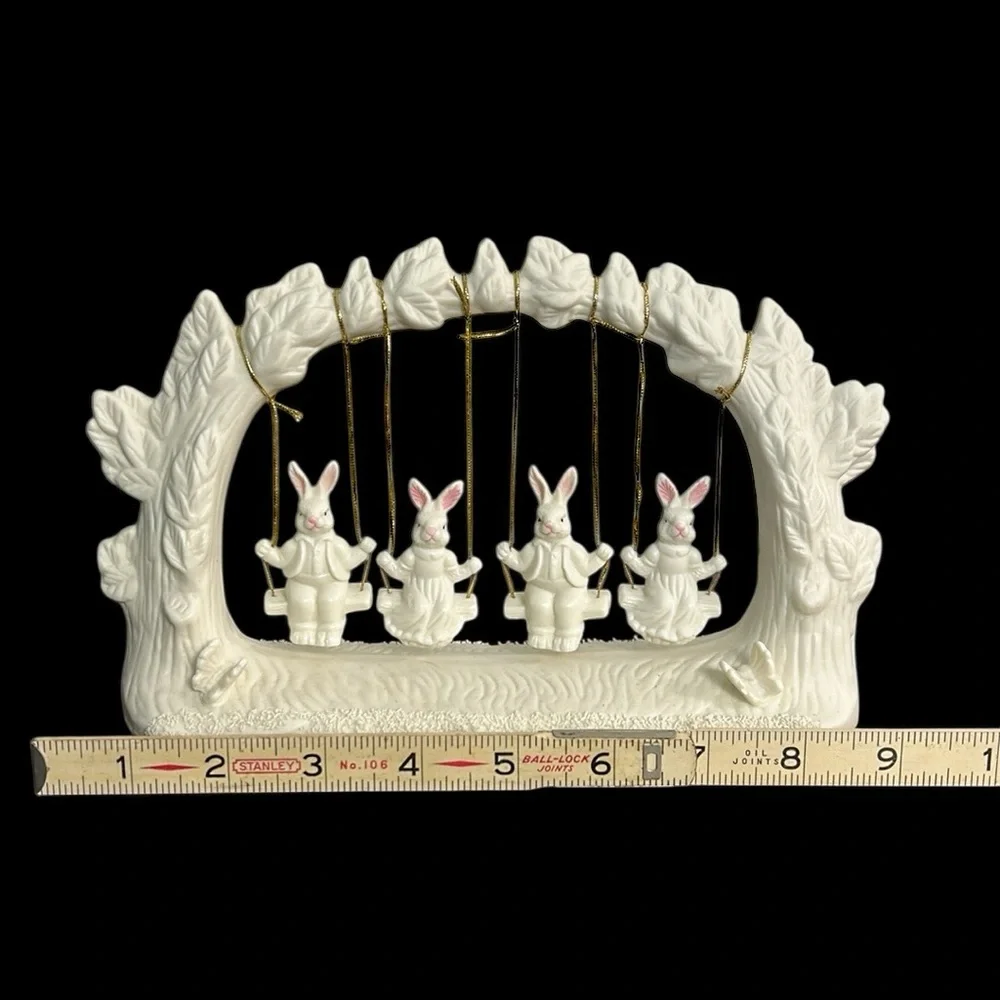 VTG Jade Collection Swinging Bunnies Ceramic Bisque Figurine